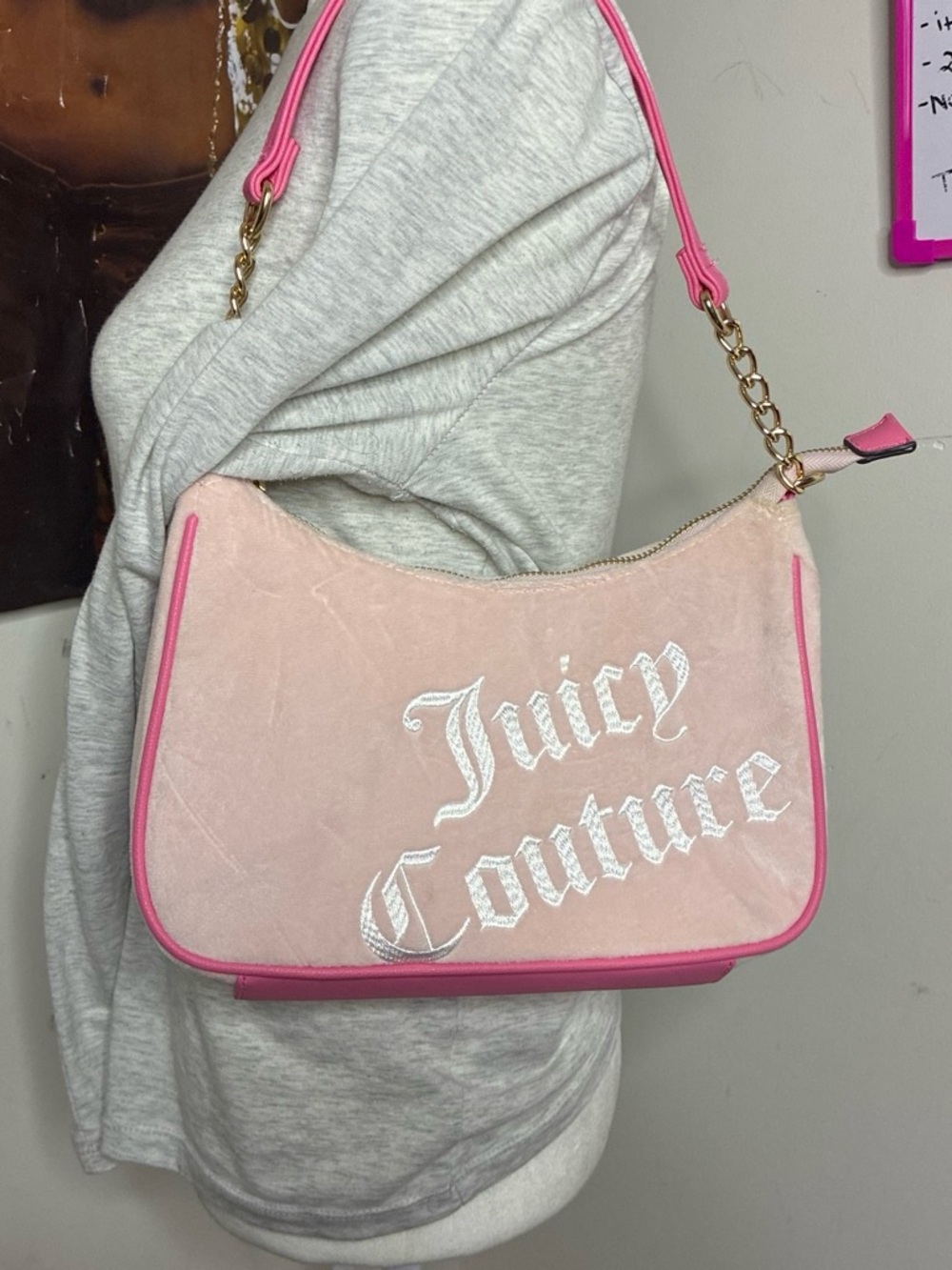 Juicy Couture Blush Velvet Shoulder Bag with Hot Pink Trim
